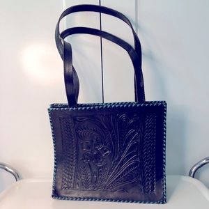 Vintage black tooled purse with turquoise trim